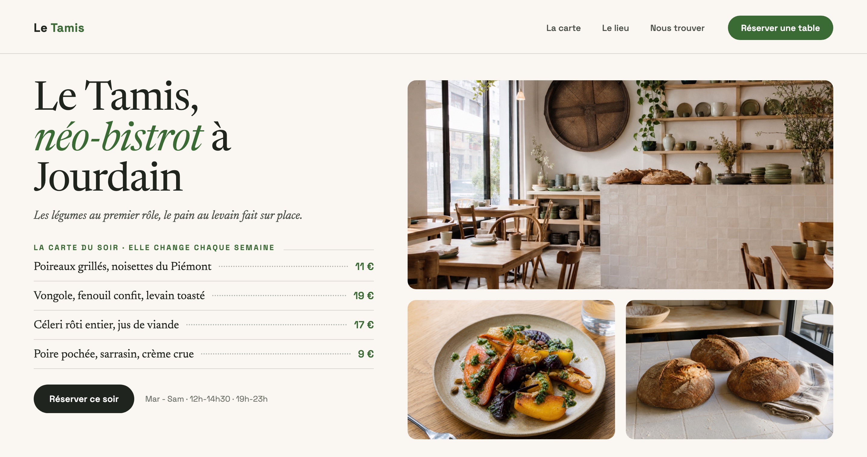 Le site du Tamis, refait par Lieux Gourmands : carte visible, bouton réserver